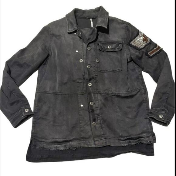 Free People Distressed Beaded Military Shirt Jacket EUC Black Washed Out XS - Picture 3 of 5